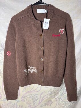 Coach Brown Embroidered Button-Front Cardigan with Floral & Carriage Motifs